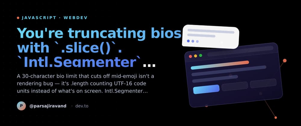 You're truncating bios with `.slice()`. `Intl.Segmenter` knows where the emoji actually end.