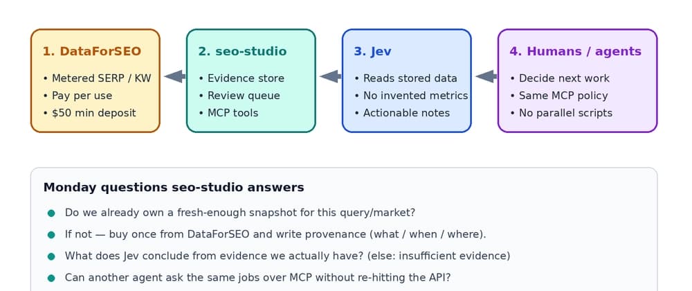 seo-studio: a thin SEO ops dashboard with DataForSEO, an agent, and MCP
